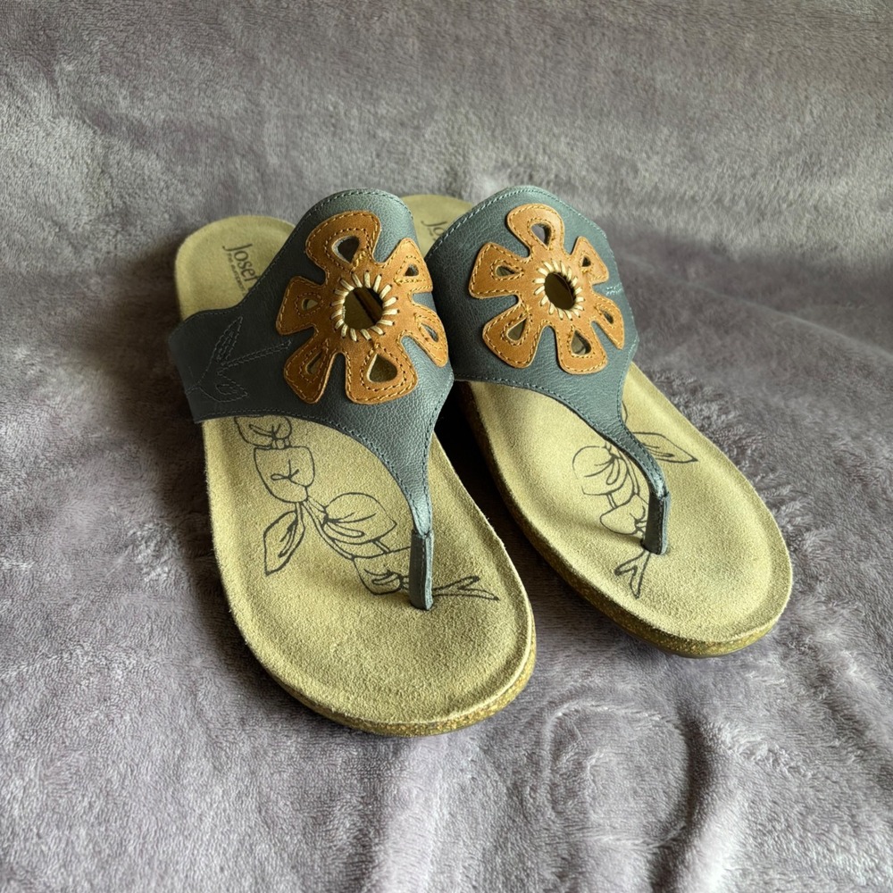 Josef Seibel Women Grey Leather Floral Cutout Thong Wedge Sandals Size 42
